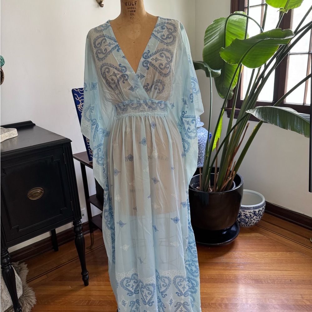 Elegant Blue Sheer Maxi Dress/ kaftan